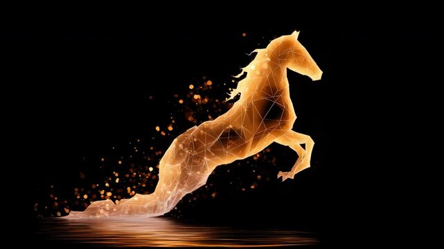 Glowing geometric horse silhouette digital art leaping with energy and dynamic motion, abstract orange light effect, futuristic style, black background, digital abstract horse glowing orange
