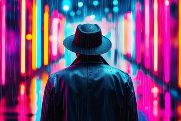 A man in a black hat and coat standing in the rain