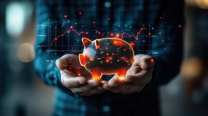 A businessman holding a glowing digital piggy bank over a financial chart projection