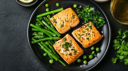 lunch with fish and green veggies at a restaurant.