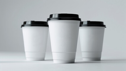 Three white disposable coffee cups with black lids standing on white background