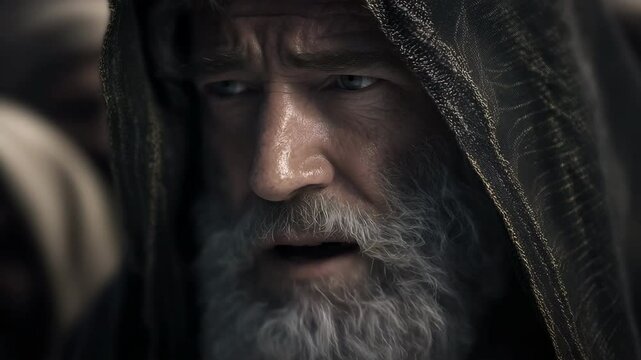 Elderly Moses in a hood, intense expression, surrounded by a crowd, dramatic lighting, close-up shots, biblical scene, emotional depth, cinematic style, contemplative atmosphere, rich textures.
