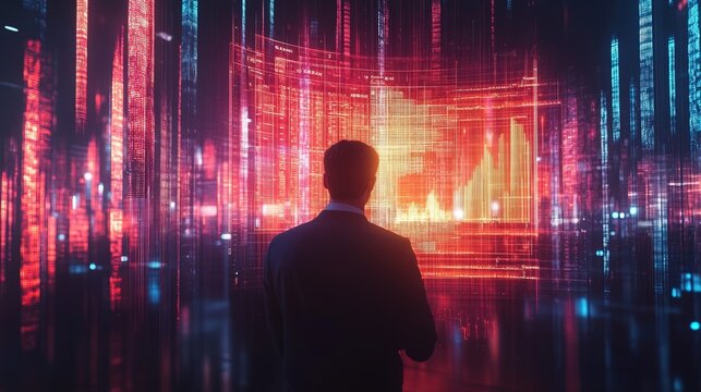 A businessman analyzing glowing holographic financial data on a floating digital screen