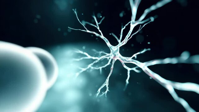 Neuron nerve cell synapse axon dendrite science biology microscopic blue glowing abstract medical brain nervous system communication connection digital futuristic closeup detail structure anatomy