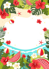 Vertical summer sale banner with tropical leaves, hibiscus flowers, watermelon, beach balls, and sea waves. Colorful vector template 
