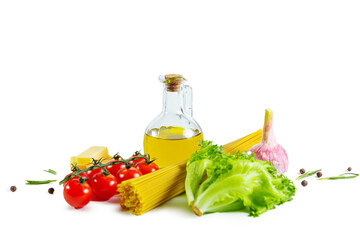Ripe juicy tomatoes, spaghetti, cheese, salad, olive oil.  Italian cuisine.
