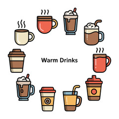 Obraz premium Hot beverage icon collection with cups and mugs.