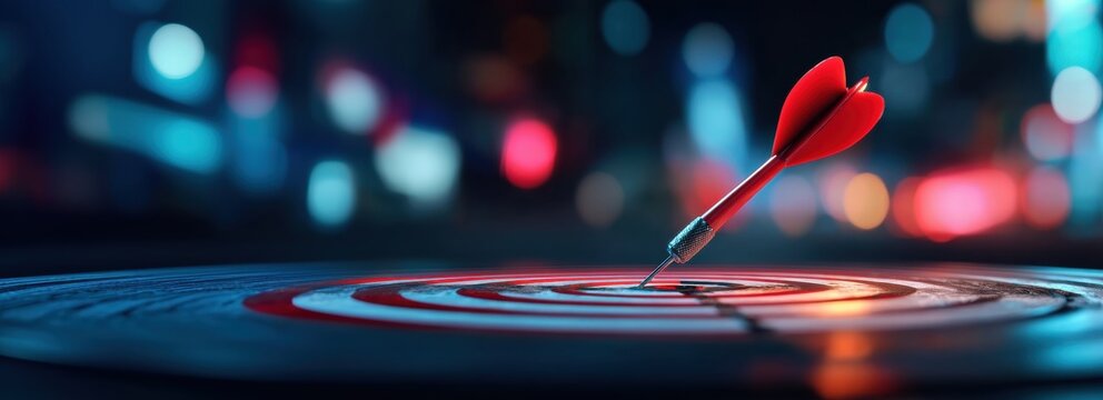 Red dart hitting bullseye on target board with blurred colorful city lights in background at night - Powered by Adobe
