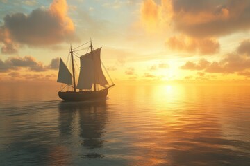 Fototapeta premium Sailboat floats in the sea at sunset. A large ship sails in the ocean at sunset. The sky is filled with clouds and the sun is setting, casting a warm glow over the water.