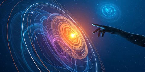 Big Data concept. Digital neural network.Business woman hand touching Introduction of artificial intelligence. Cyberspace of future. Science and innovation of technology. Hand