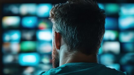 A person with a beard gazing at multiple glowing screens, conveying a sense of information overload in the digital age, and the impact of technology on human attention and engagement.