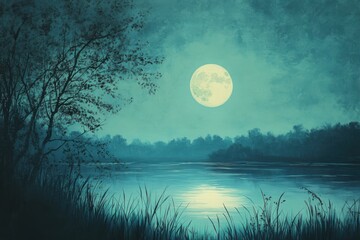 A moon is shining brightly in the sky over a mountain range. Serenity under the moonlight a beautifully crafted minimalist landscape artwork.