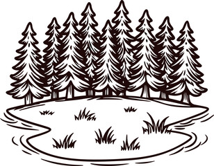 Obraz premium Hand drawn evergreen pine trees with small pond and grass on white background vintage engraved