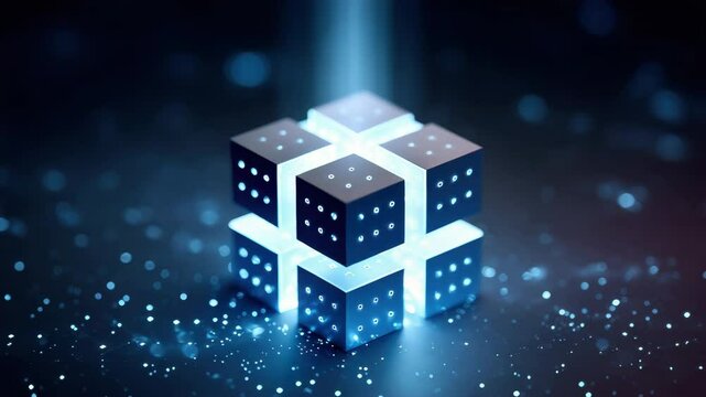 Glowing black cube with illuminated dots forms futuristic structure floating dark space, featuring digital abstract technology, blue 3D geometric patterns, modern innovation, and mysterious cyber