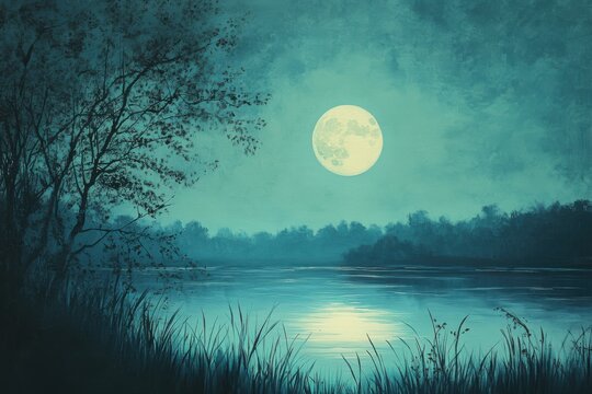 A moon is shining brightly in the sky over a mountain range. Serenity under the moonlight a beautifully crafted minimalist landscape artwork.