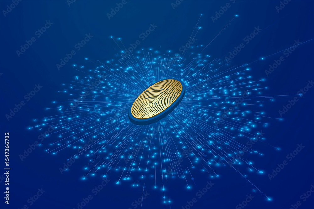 Poster a digital fingerprint surrounded by radiating, glowing data points symbolizes identity verification 