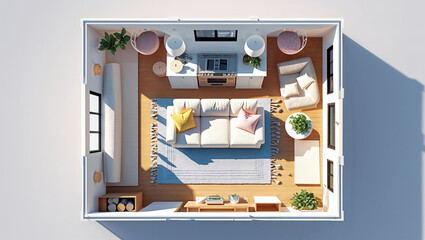 Overhead view of modern interior design with living room kitchenette and dining area