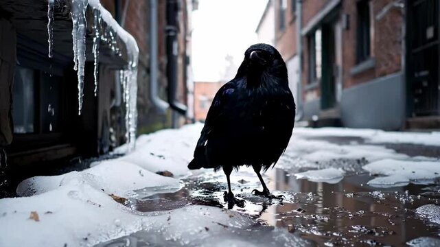 crow clip - A solitary black crow stands in a snowy alley, surrounded by melting ice and brick buildings, evoking a sense of solitude and urban wildlife