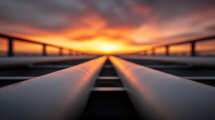 Obraz premium Close up of metal bridge rails during sunset with vibrant orange and purple sky, creating dramatic and peaceful atmosphere, emphasizing perspective and depth in scene