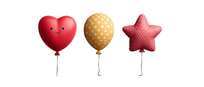 Three colorful balloons in various shapes, including a heart, a round polka-dotted balloon, and a star, set against a simple background, ideal for celebrations or festive occasions