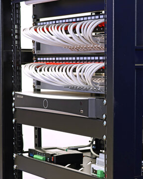 Cabeus low-current equipment rack in the apartment. Ubiquiti Ethernet switches, VSSL amplifiers, Hikvision DVR. Uninterruptible DKC power supply. 