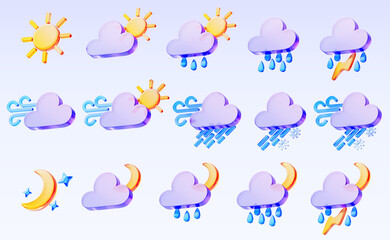 3d weather forecast widget icons. Render set of sun, moon and stars. Glass holographic clouds with wind, rain, thunderstorm, lightning, storm, rainfall and snow for meteorology app. 3D illustration