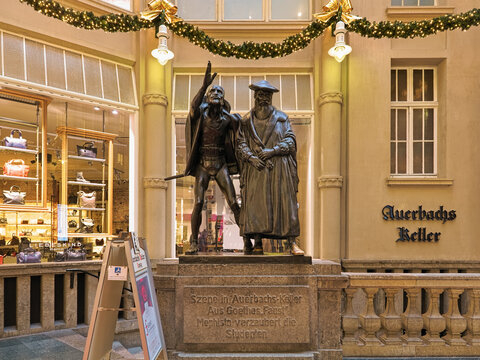 Leipzig, Germany. Mephisto and Faust sculpture at the entrance of Auerbach's cellar. The sculpture by the German artist Mathieu Molitor was unveiled on February 22, 1913.