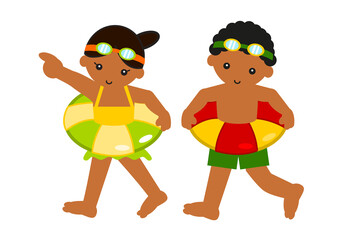 浮き輪をつけて歩く黒人の男の子と女の子