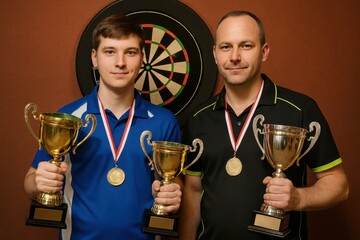 Two dart players proudly displaying trophies and medals in front of dartboard in victory celebration