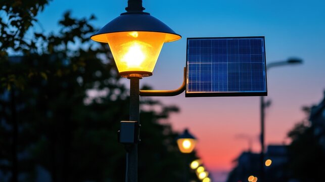 Illuminated street lamp at dusk