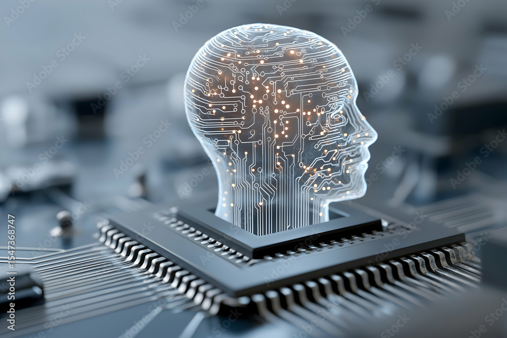 Poster a transparent human head with circuit patterns emerges from a microchip, symbolizing artificial inte