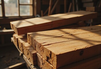 Stacks of timber drying in sunlight near an open window