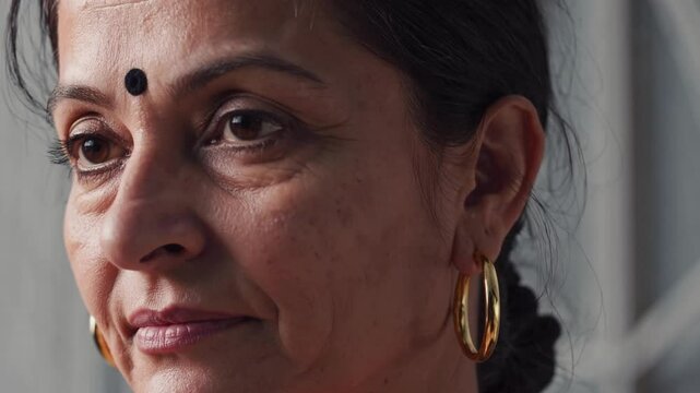 Close up sequence revealing contemplative Indian woman wearing traditional bindi and golden earrings, expressing nuanced emotional shifts
