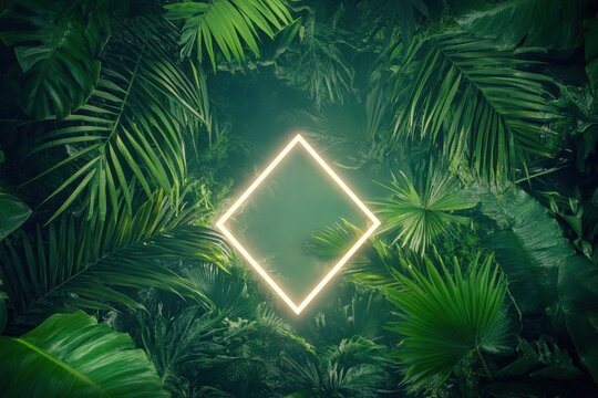 A neon square is in the middle of a jungle. Surreal background of tropical leaves with a fluorescent geometric shape in the center.