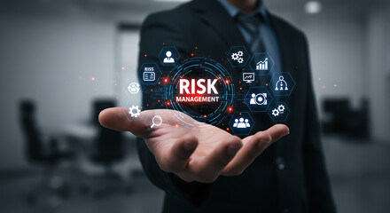 Risk Management Concept Digital Icons Floating Above Open Hand Business Strategy.