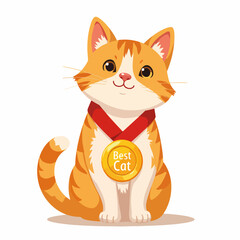 Fototapeta premium Proud ginger cat wearing gold medal labeled Best Cat. Adorable feline friend sits proudly displaying its award.