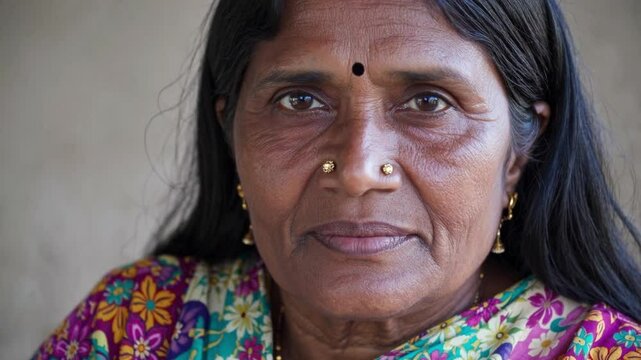 Mature Indian woman wearing elegant sari, traditional jewelry, standing with quiet confidence and dignified expression against clean white background