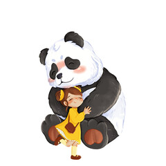 A cute illustration of a little girl in a yellow dress hugging a big, smiling panda. The scene radiates warmth, love, and innocence, perfect for children's books or nursery decor.
