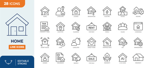 Home line editable icon set. Containing property, house, loan, town, landlord, insurance, location, mortgage, for sale and more. Editable stroke. Vector illustration