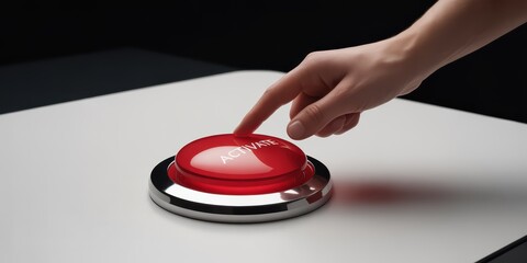 Finger Pushing Red Activation Button on White Surface