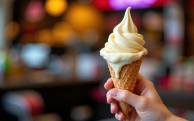 Creamy soft serve ice cream in a cone held by a hand.