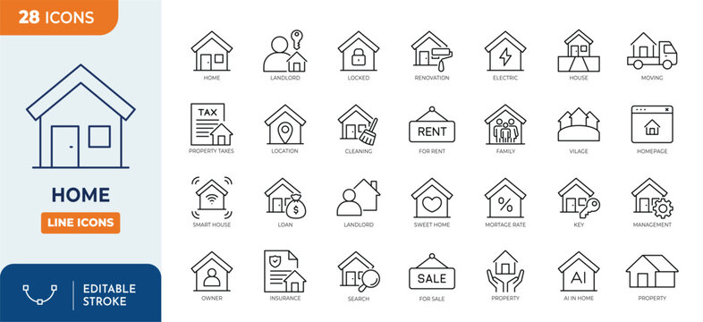 Home line editable icon set. Containing property, house, loan, town, landlord, insurance, location, mortgage, for sale and more. Editable stroke. Vector illustration