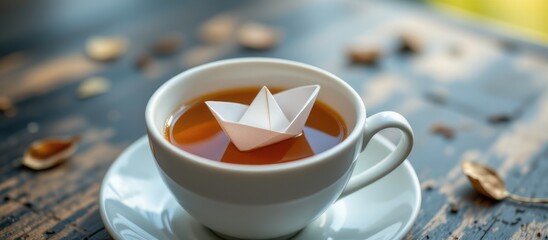 A paper boat floats in tea within a white cup.