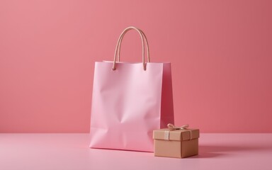 Pink shopping bag with a small gift box on a pastel background.