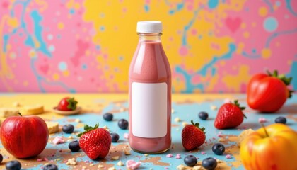Smoothie bottle surrounded by fresh fruits on colorful backdrop.