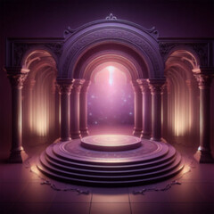 Obraz premium Elevated circular platform in a majestic purple temple with ornate columns and arches, glowing softly.