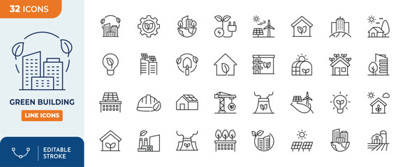 Green Building line editable icon set. Editable stroke. Vector illustration