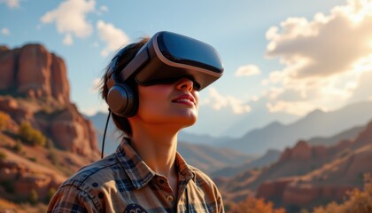 A woman experiences virtual reality in a scenic outdoor setting.