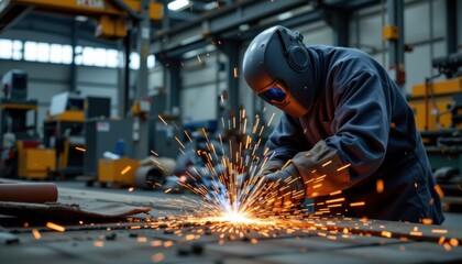 Welder creating sparks in a workshop environment.