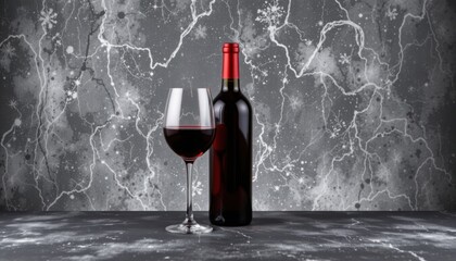 Red wine bottle and glass on a textured gray background.
